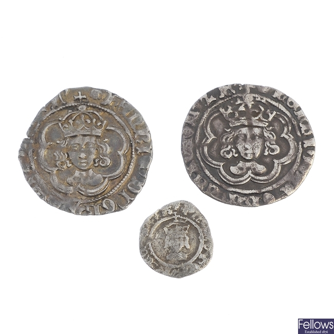 Henry VII (1485-1509), Halfgroats (2) and Helfpenny (1).