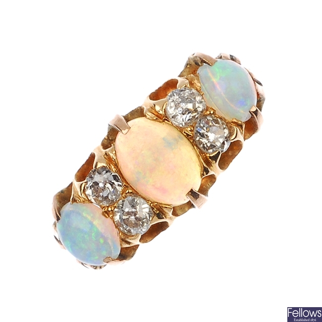 An early 20th century 18ct gold opal and diamond ring. 