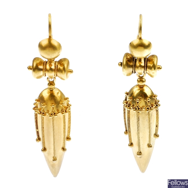 A pair of late Victorian gold ear pendants, circa 1880.