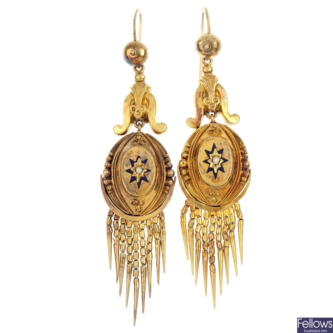 A pair of late Victorian gold enamel and split pearl ear pendants, circa 1880.