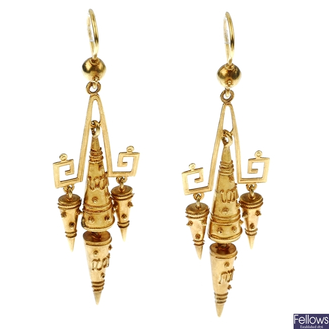 A pair of late 19th century gold ear pendants. 