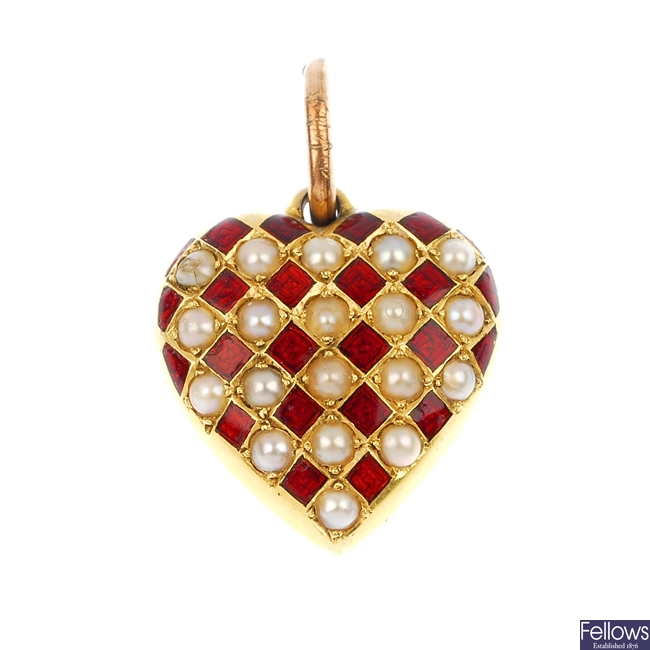 An early 20th century 15ct gold split pearl and enamel heart-shape pendant.