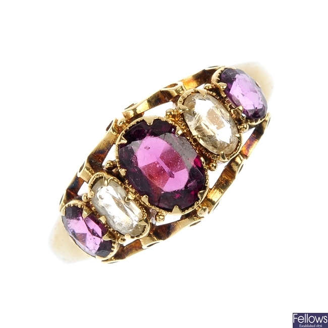A mid Victorian 15ct gold gem-set five-stone ring.