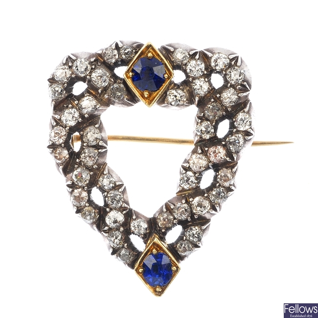 A late 19th century silver and 9ct gold, diamond and sapphire brooch.