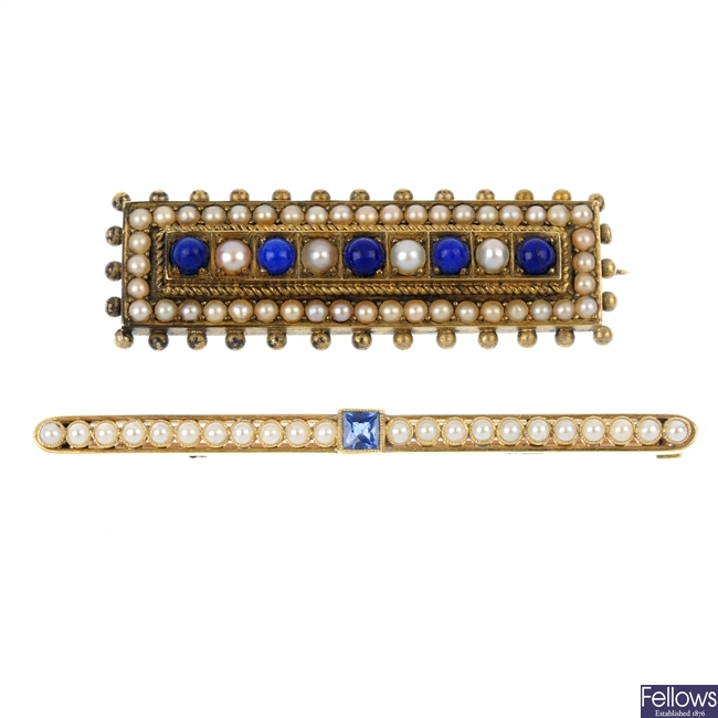 Two late 19th and early 20th century gold split pearl and gem-set brooches.