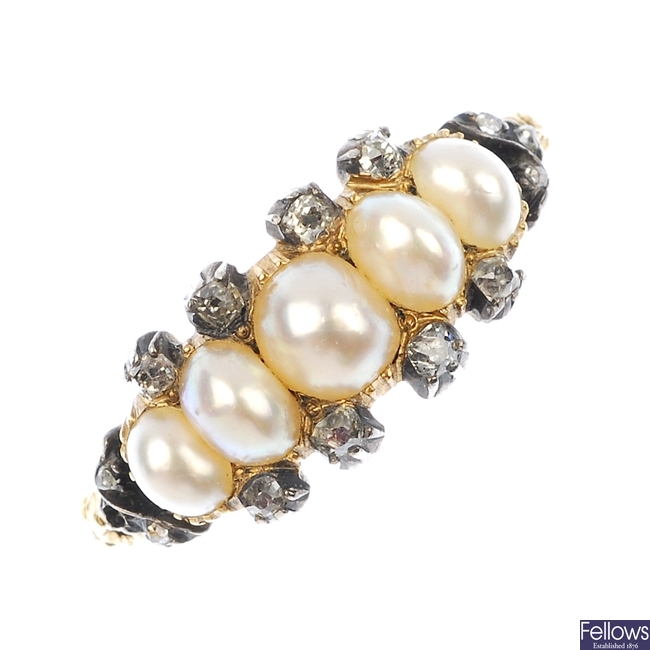 A mid 19th century 15ct gold split pearl and diamond ring.
