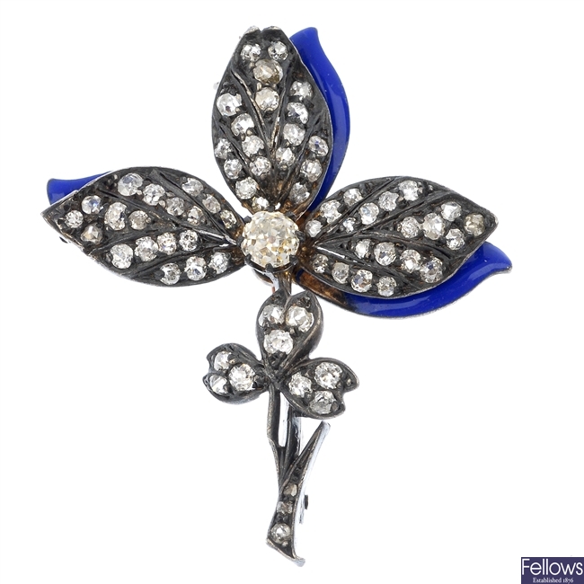 A late 19th century silver and gold, diamond and enamel floral brooch.