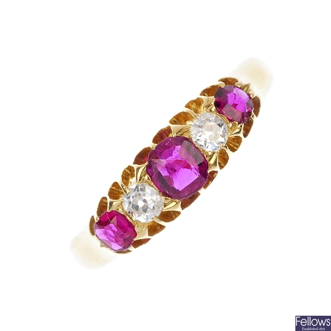 An early 20th century 18ct gold ruby and diamond five-stone ring. 
