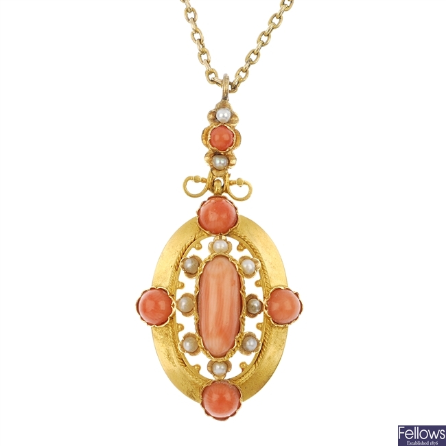 A late 19th century gold coral and split pearl pendant.