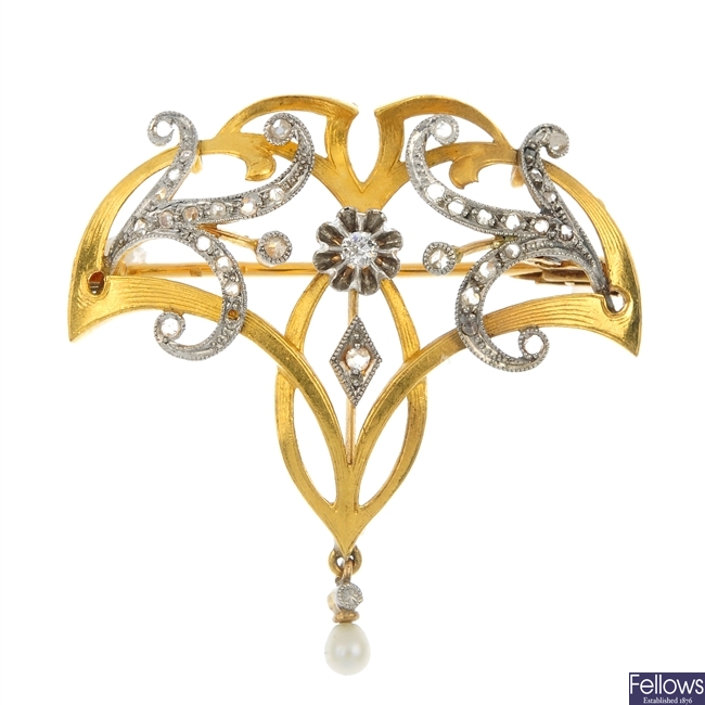 An early 20th century 18ct gold diamond and seed pearl brooch.
