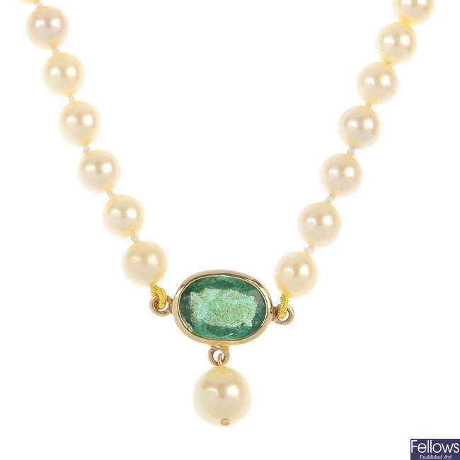 A cultured pearl single-strand necklace, with emerald pendant.