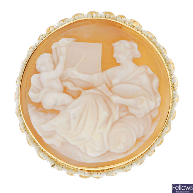 A mid 20th century shell cameo and seed pearl brooch.