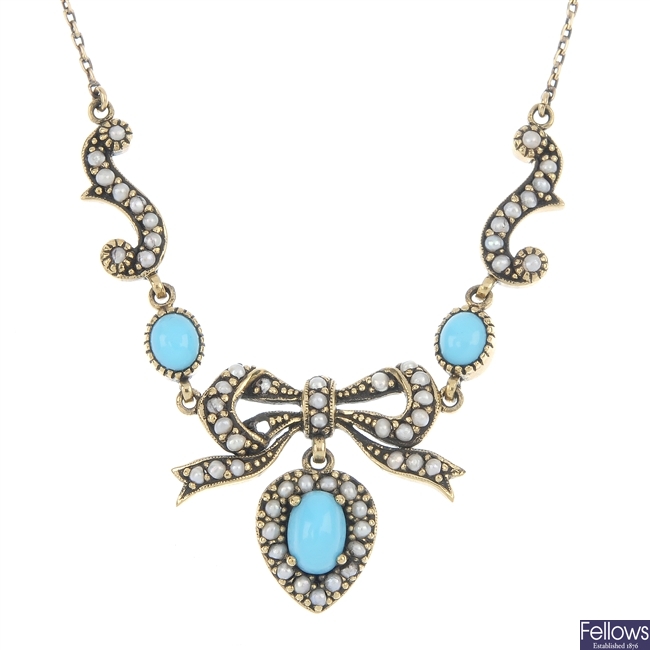 A reconstituted turquoise and seed pearl necklace.