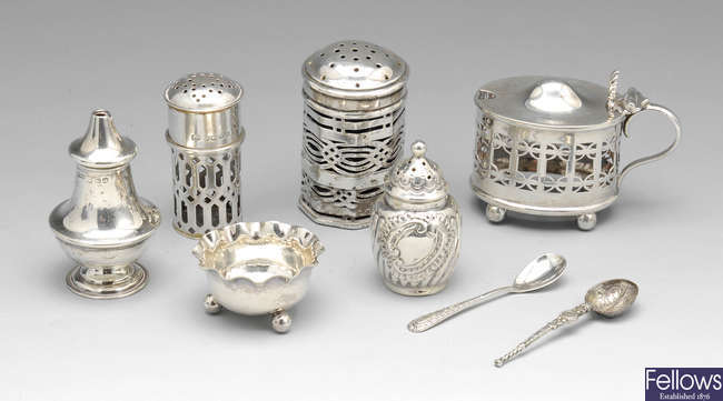 A selection of Victorian and later silver condiments.