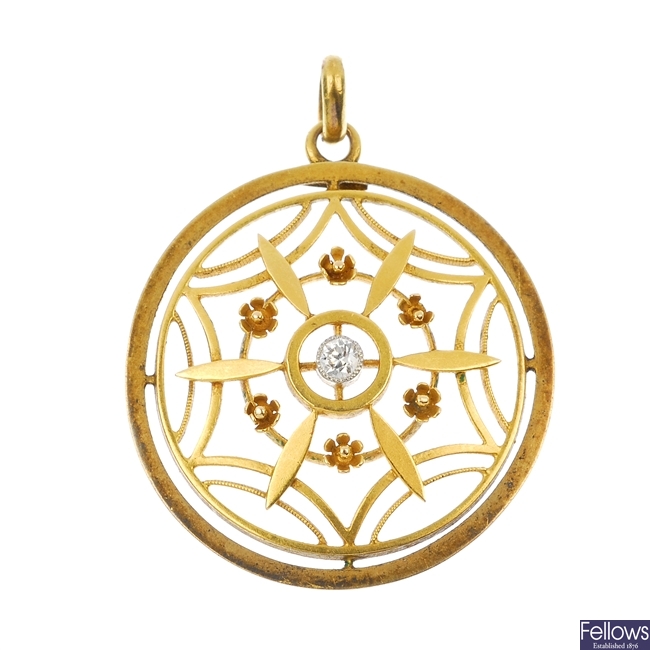 An early 20th century continental 14ct gold diamond pendant