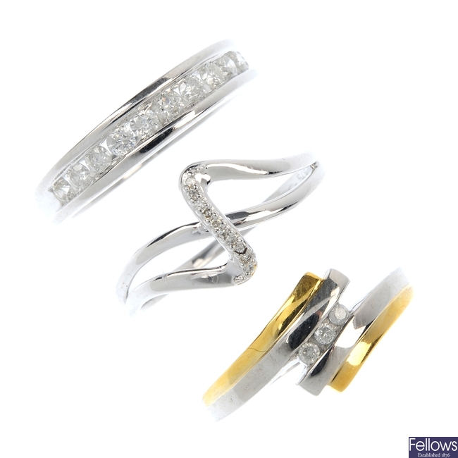 A selection of three 9ct gold diamond rings. 