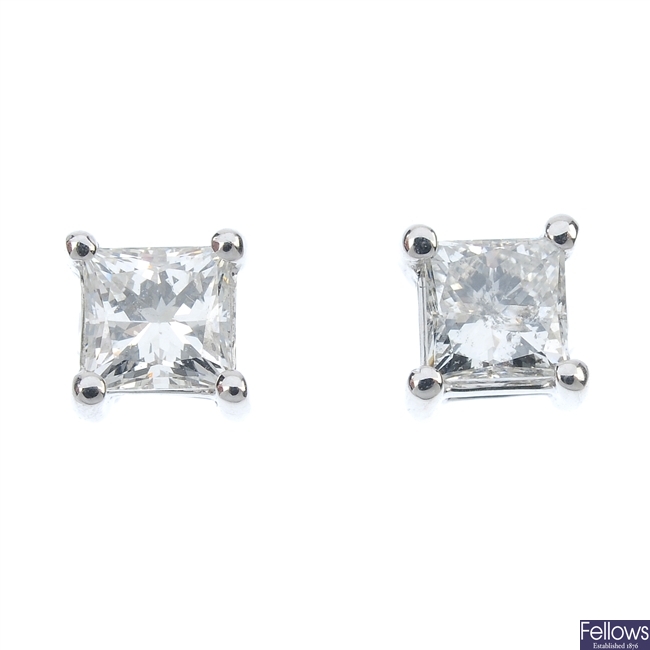 A pair of 18ct gold square-shape diamond ear studs.