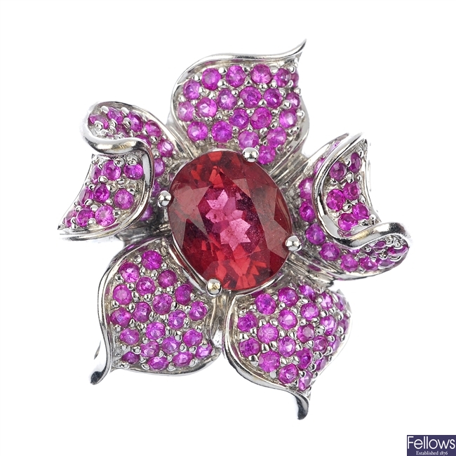 An 18ct gold tourmaline and sapphire floral ring.
