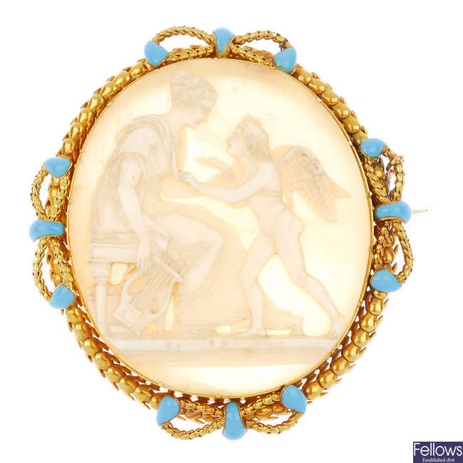 A mid 19th century 18ct gold shell cameo and enamel brooch.