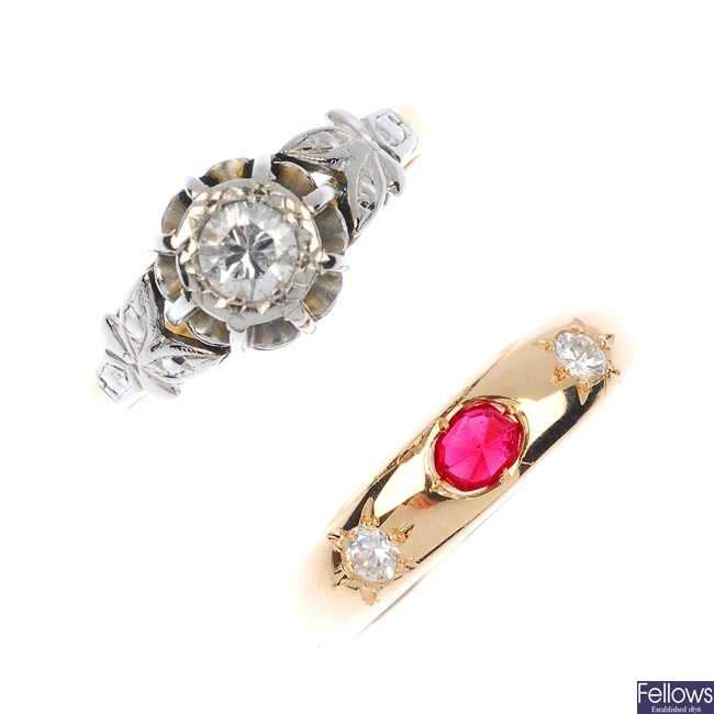 A mid 20th century diamond single-stone ring and a gem-set ring.