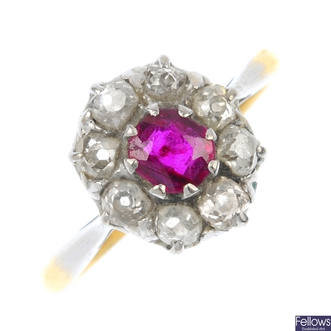 An early 20th century 18ct gold ruby and diamond cluster ring.