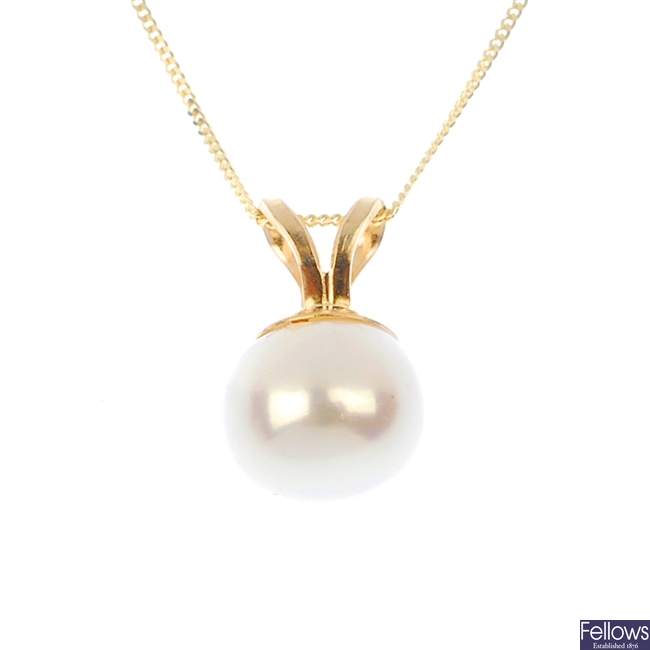 Twelve cultured pearl pendants with chains.