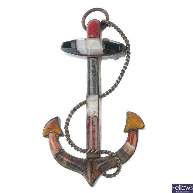 A late 19th century Scottish silver agate anchor brooch.