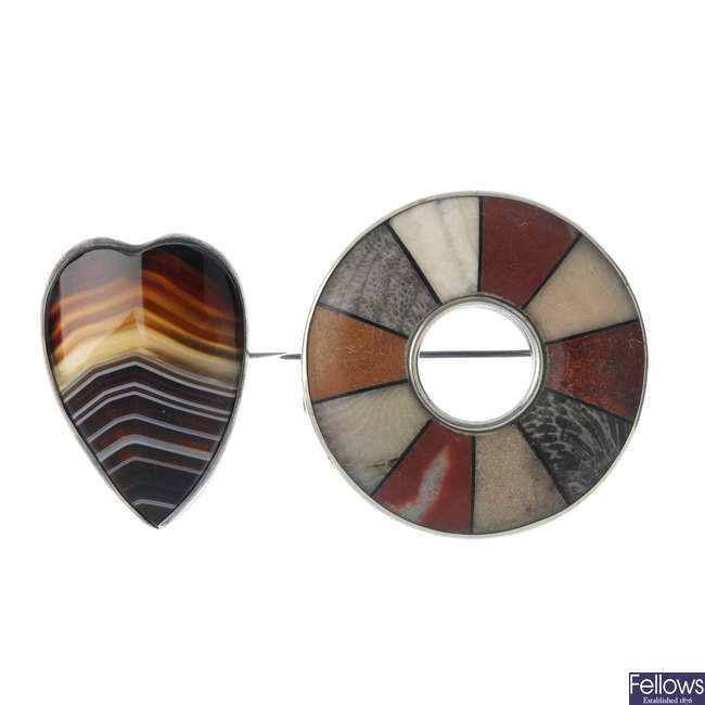A selection of five Scottish agate brooches. 