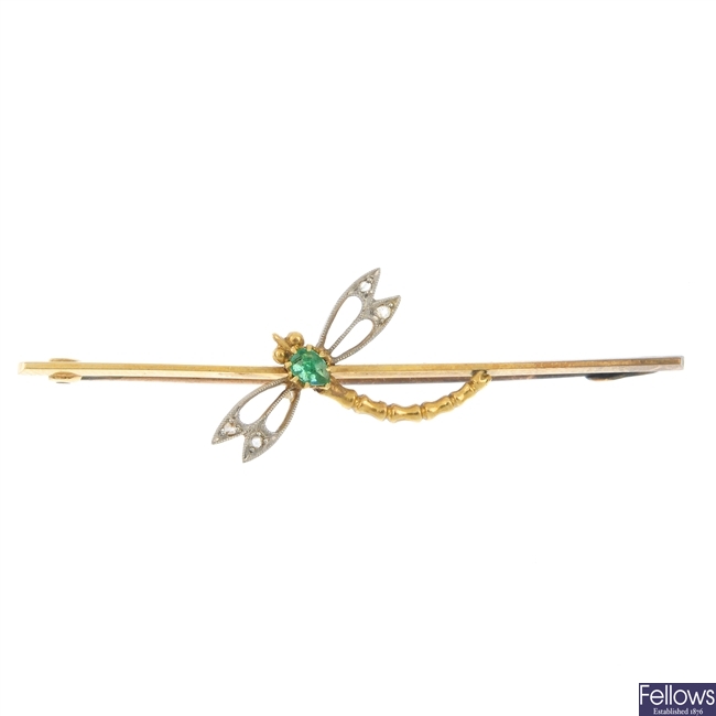 An early 20th century 15ct gold and platinum emerald and diamond dragonfly brooch.