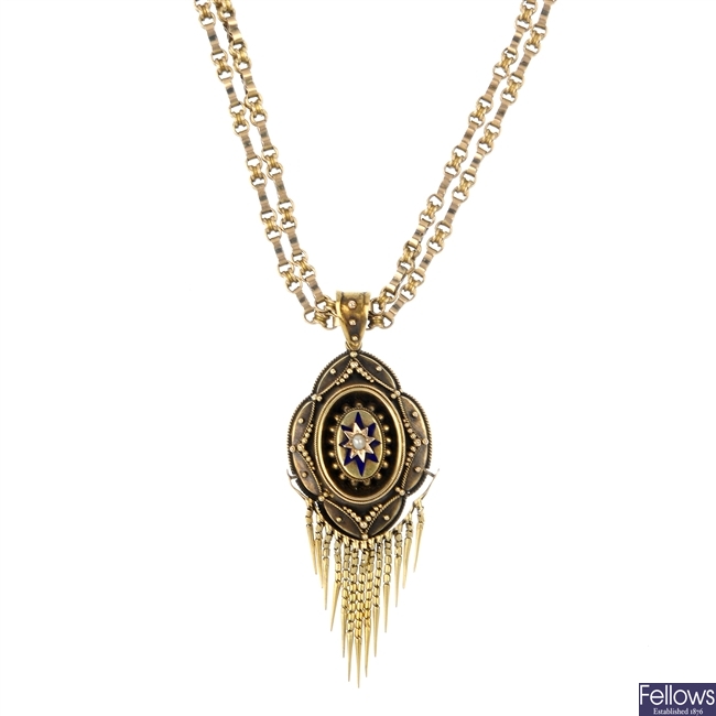 A late 19th century gold split pearl and enamel pendant and longguard chain.