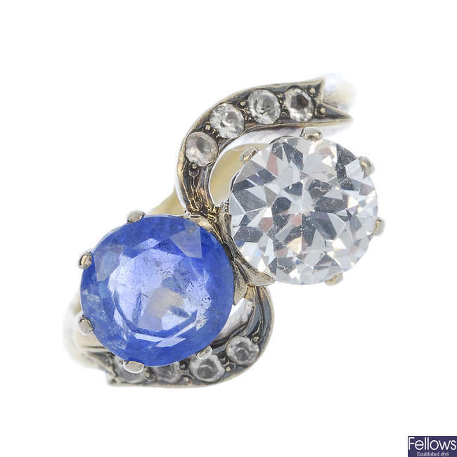 A mid 20th century 18ct gold sapphire two-stone crossover ring.