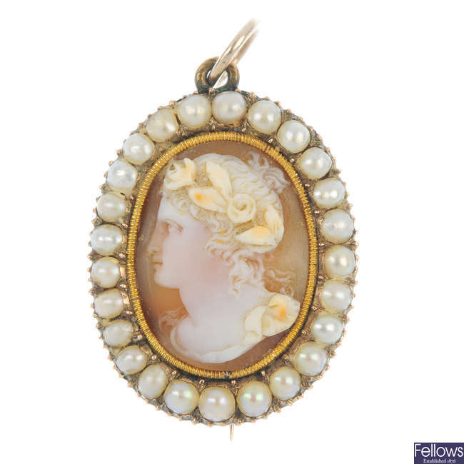 A late 19th century gold shell cameo and split pearl memorial brooch.