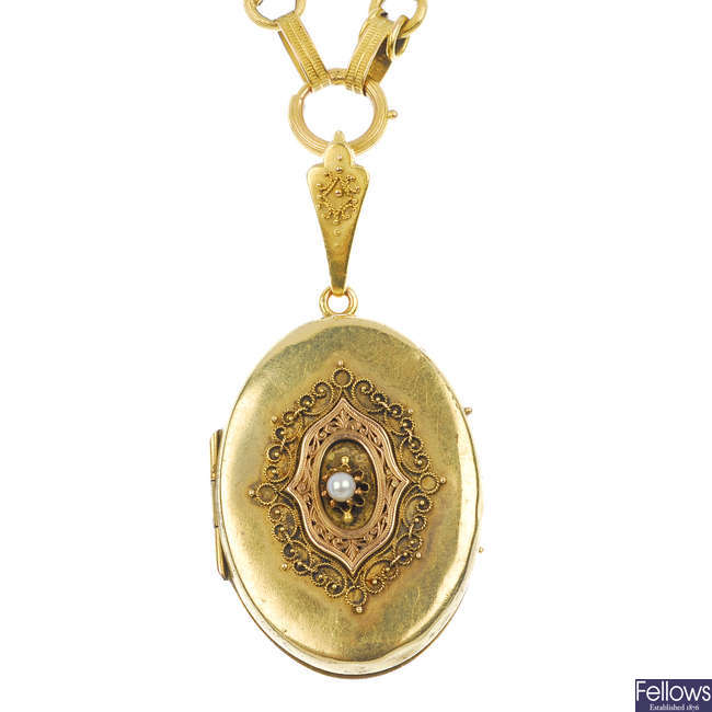 An early 20th century continental 18ct gold locket and chain.