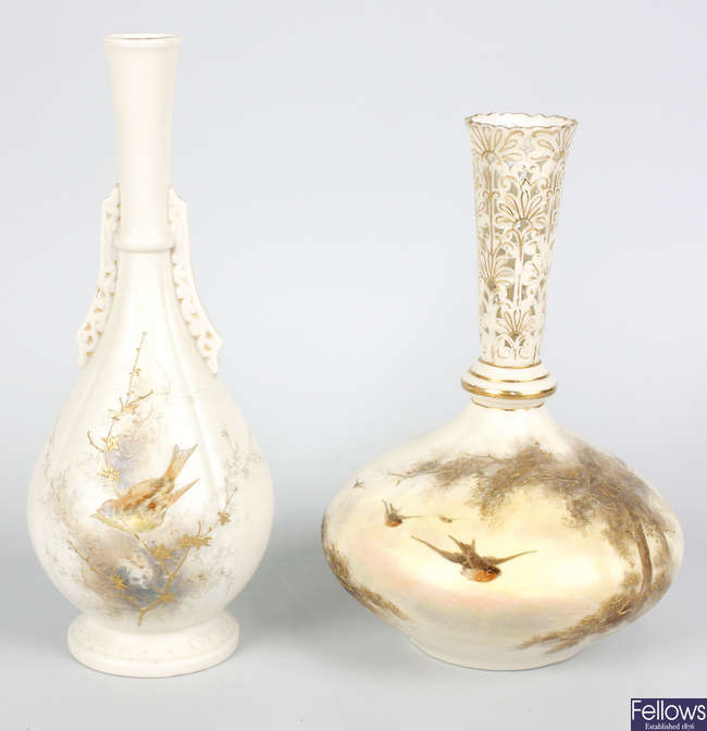 Two Grainger Worcester porcelain bird-painted vases