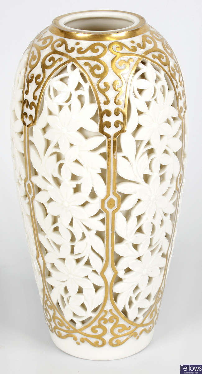 A Grainger Worcester porcelain reticulated double-wall vase