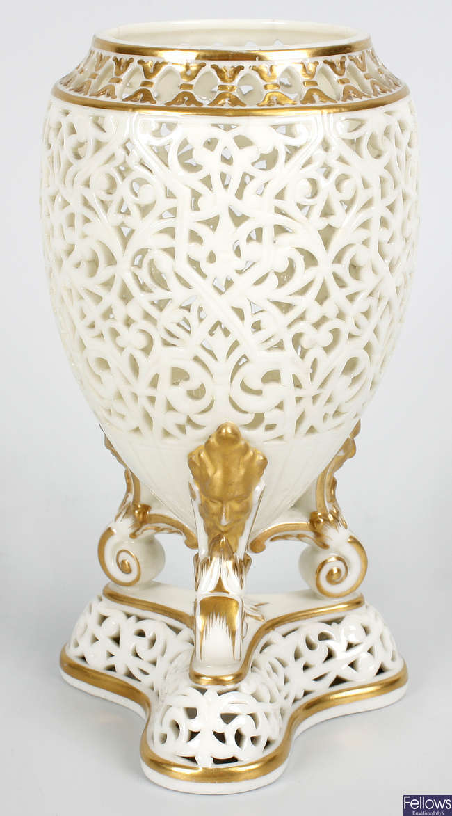 A Grainger Worcester porcelain reticulated vase on stand