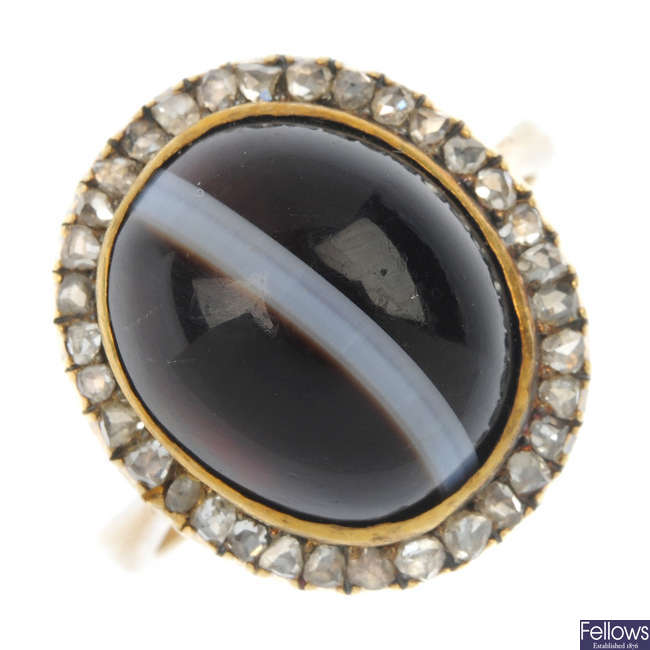 A late 19th century 18ct gold banded agate and diamond cluster ring.