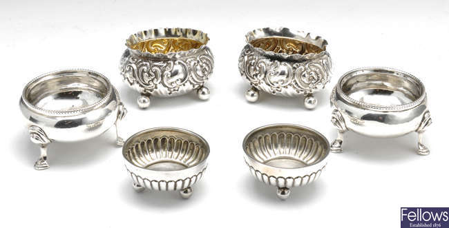 Three pairs of Victorian silver open salts.