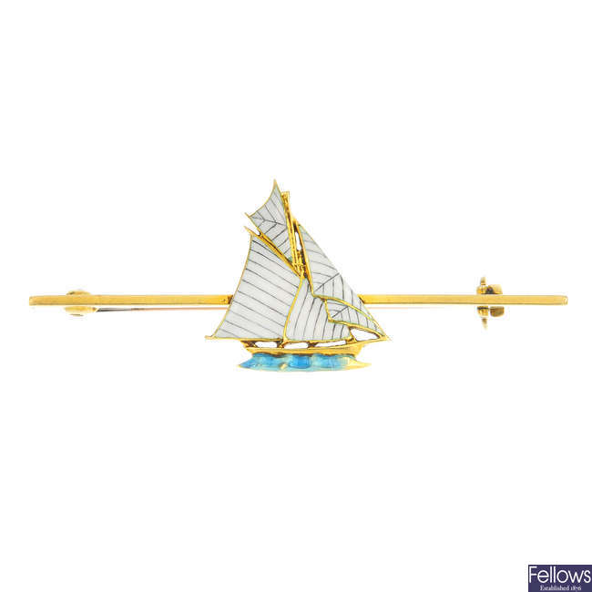 An early 20th century 18ct gold enamel sailing ship brooch.