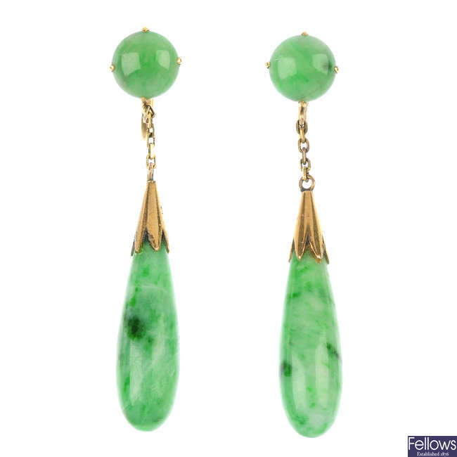 A pair of mid 20th century jade ear pendants. 