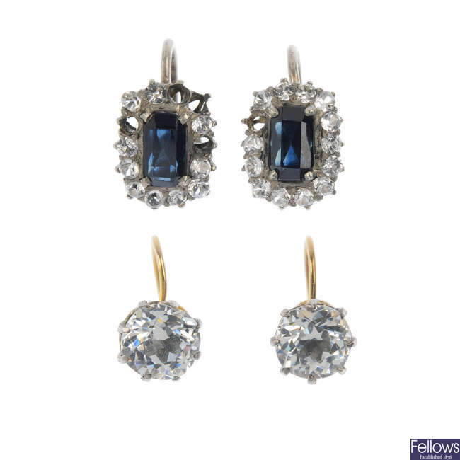 Two pairs of sapphire and paste ear studs.
