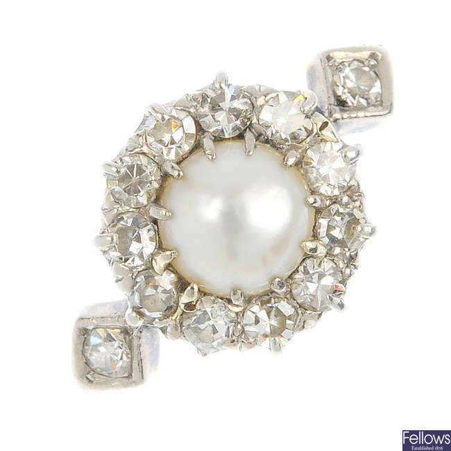 An early 20th century 18ct gold split pearl and diamond cluster ring.