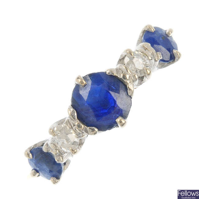 A mid 20th century 18ct gold sapphire and diamond five-stone ring.