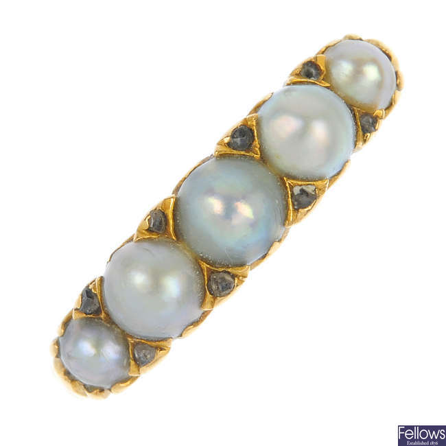 A late Victorian 18ct gold pearl five-stone ring. 
