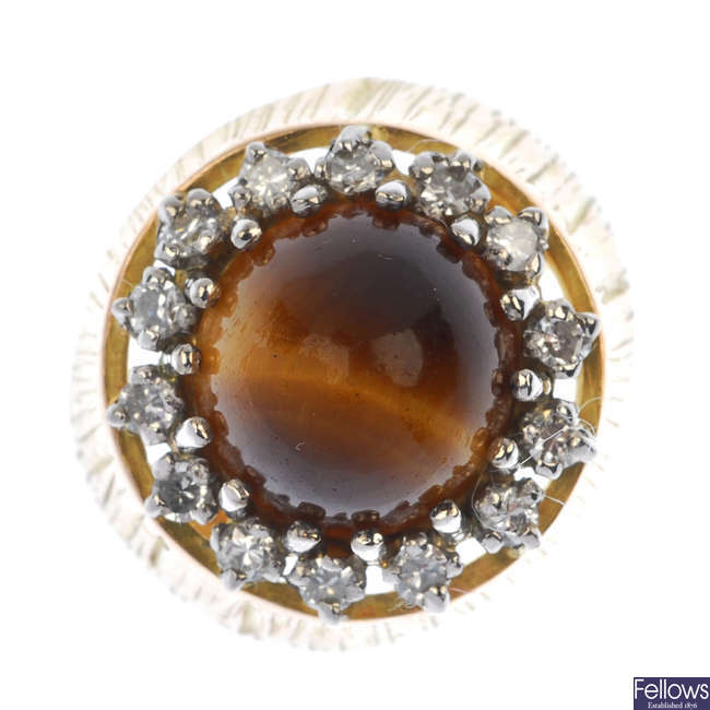A 14ct gold tiger's-eye and diamond cluster ring.