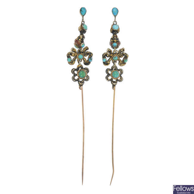 A pair of early 20th century turquoise and enamel pins, converted from ear pendants.