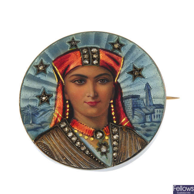 An early 20th century 18ct gold Egyptian revival enamel brooch.
