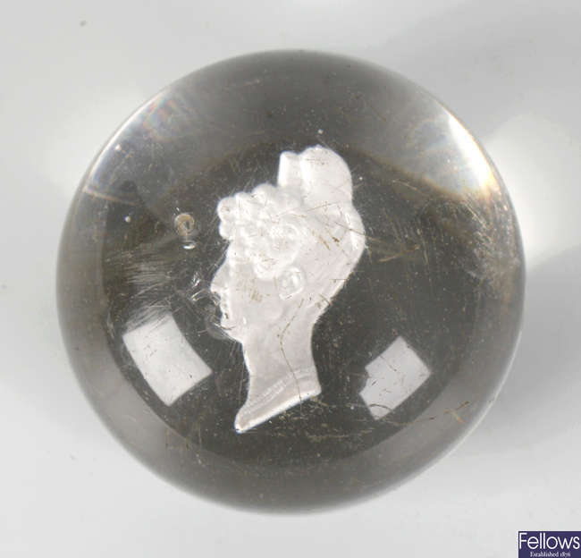 A Victorian clear glass and crystallo-ceramie paperweight