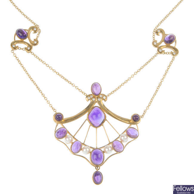 A 9ct gold diamond amethyst and cultured pearl necklace and ear stud set.