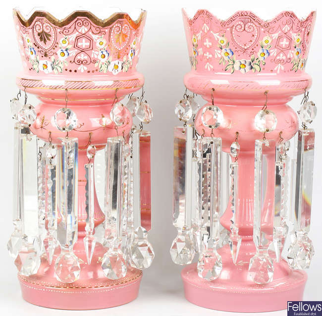 A pair of late 19th century pink glass table lustres (A/F)